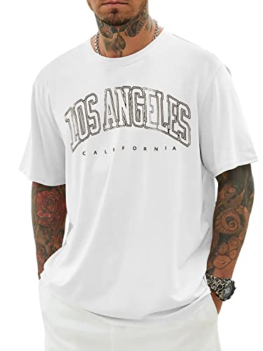 Minetom Oversized Tshirt Herren Rundhals Kurzarm Lose Sommer Oberteile Mode T-Shirt mit Los Angeles Grafik Kreativen Buchstaben Vintage Drucken Streetwear Sport Casual Lang Tops A Weiß M von Minetom