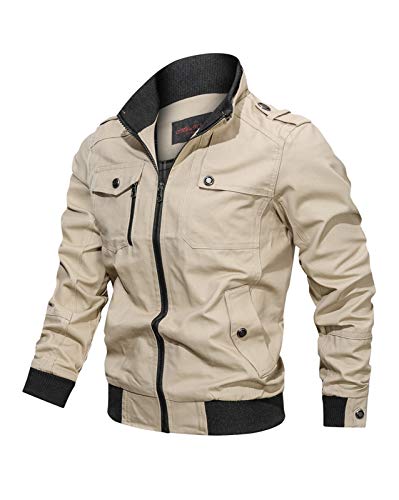 Minetom Herren Übergangsjacke Militär Jacke Stehkragen Bomber Jacke Baumwolle Multi Taschen Armeejacke Feldjacke Outdoor Mantel Parka Khaki L von Minetom