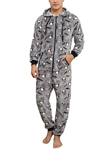 Minetom Herren Weihnachten Overall Jumpsuit One Piece Anzug Fleece Onesie Flauschig Mit Kapuze Einteiler Schlafanzug Jungen Hoodies Nachtwäsche Winter Homewear Schlafoverall A Grau XL von Minetom