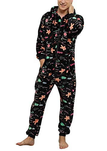 Minetom Herren Weihnachten Overall Jumpsuit One Piece Anzug Fleece Onesie Flauschig Mit Kapuze Einteiler Schlafanzug Jungen Hoodies Nachtwäsche Winter Homewear Schlafoverall A Schwarz L von Minetom