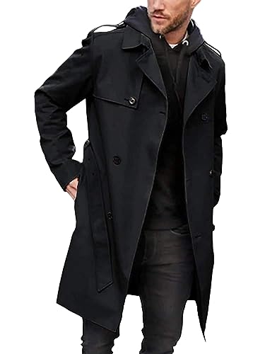 Minetom Herren Zweireihiger Trenchcoat Mittellang Klassischer Mantel Mit Gürtel Revers Lang Mantel Business Jacke Frühling Herbst Übergangsjacke A Schwarz XXL von Minetom