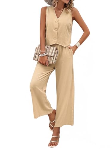 Minetom Hosenanzug Damen Zweiteiliger Anzug Set Elegant V-Ausschnitt Ärmellos Blazer Weste und Hose 2 Stück Casual Leinen Outfit Sets Streetwear F Beige L Minetom Hosenanzug Damen Zweiteiliger Anzug Set Elegant V-Ausschnitt Ärmellos Blazer Weste und Hose 2 Stück Casual Leinen Outfit Sets Streetwear F Beige L von Minetom
