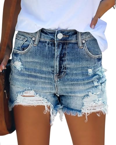 Minetom Jeans Damen Sommer Shorts High Waist Ripped Stretch Denim Hot Pants Destroyed Zerrissener Jeans Strandshorts Boyfriend Caprihose Kurze D Blau L von Minetom