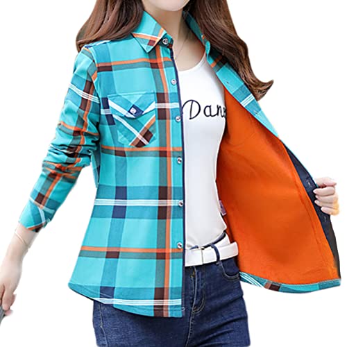 Minetom Kariert Hemd Damen Samt Warm Plaid Herbst Winter Langarm Jacke Gefüttert Plüsch Blusenshirt Hemdbluse Knöpfen Blusen Oberteil Stil V Blau 42 von Minetom