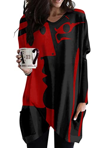 Minetom Langarmshirt Damen V-Ausschnitt Druck Lose Langarm Oberteile Oversize Lang Sweatshirt Tops Asymmetrisch Saum Jumper Pullover Mit Taschen B2 Rot 4XL von Minetom