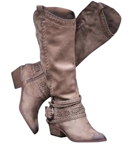 Minetom Langschaft Stiefel Damen Stiefel Retro Reißverschluß Boots Blockabsatz Winter Herbst Cowboy Stiefel Westernstiefel Halbhohe Stiefel A Dunkles Khaki 37 EU von Minetom