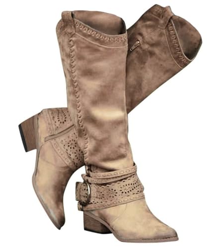 Minetom Langschaft Stiefel Damen Stiefel Retro Reißverschluß Boots Blockabsatz Winter Herbst Cowboy Stiefel Westernstiefel Halbhohe Stiefel A Khaki 35 EU von Minetom