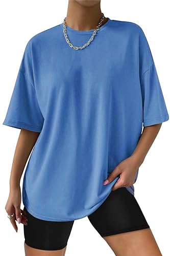 Minetom Oversize T-Shirt Damen Elegante Rundhals Kurzarm Tops Lässig Lose Sommer Oberteile Einfarbig Bluse Mode Farbblock Streetwear Lang Pullover Sweatshirt Teenager Mädchen A Blau M von Minetom