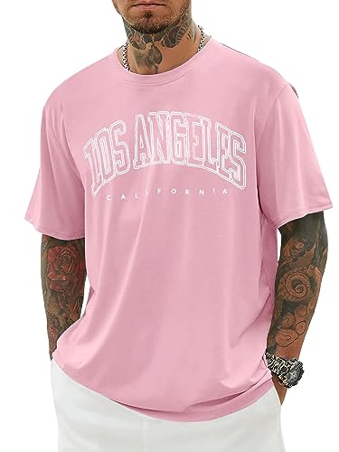 Minetom Oversized Tshirt Herren Rundhals Kurzarm Lose Sommer Oberteile Mode T-Shirt mit Los Angeles Grafik Kreativen Buchstaben Vintage Drucken Streetwear Sport Casual Lang Tops A Rosa L von Minetom