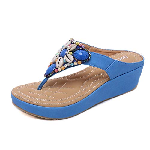 Minetom PU Leder Zehentrenner Damen Böhmen Sandalen T-Strap Flach Sommer Flip Flops Pantoletten Keilabsatz Wedges Hausschuhe Freizeitschuhe mit Absatz Z Blau 35 EU von Minetom