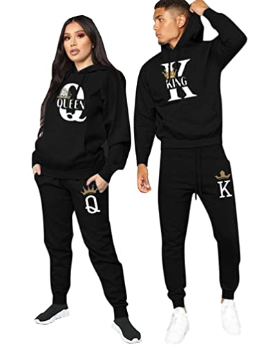 Minetom Pärchen Sportanzug King Queen Druck Pullover Hoodie Kapuzenpullover Liebespaar Couple Jogginganzug Freizeitanzug mit Taschen Oberteile und Hose Set Schwarz King L von Minetom