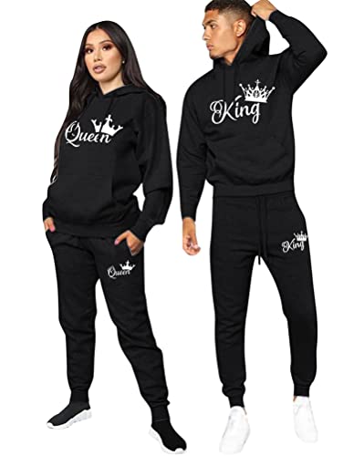 Minetom Pärchen Sportanzug King Queen Druck Pullover Hoodie Kapuzenpullover Liebespaar Couple Jogginganzug Freizeitanzug mit Taschen Oberteile und Hose Set Z Schwarz King S von Minetom