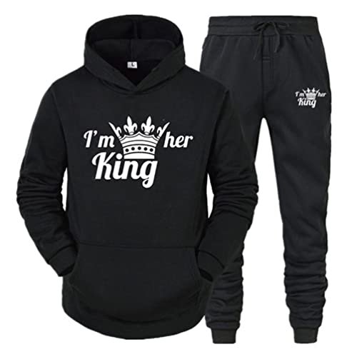 Minetom Pärchen Sportanzug King Queen Pullover Kapuzenpullover Hoodie Valentinstag Liebespaar Couple Jogginganzug Freizeitanzug Oberteile und Hose Set für Paare Schwarz King 3XL von Minetom