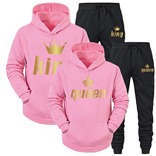 Minetom Pärchen Sportanzug King Queen Pullover Kapuzenpullover Hoodie Valentinstag Liebespaar Couple Jogginganzug Oberteile und Hose Set für Paare Rosa queen 3XL von Minetom