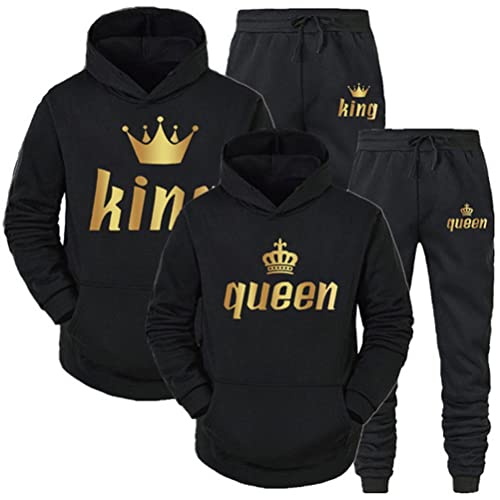 Minetom Pärchen Sportanzug King Queen Pullover Kapuzenpullover Hoodie Valentinstag Liebespaar Couple Jogginganzug Oberteile und Hose Set für Paare Schwarz king L von Minetom