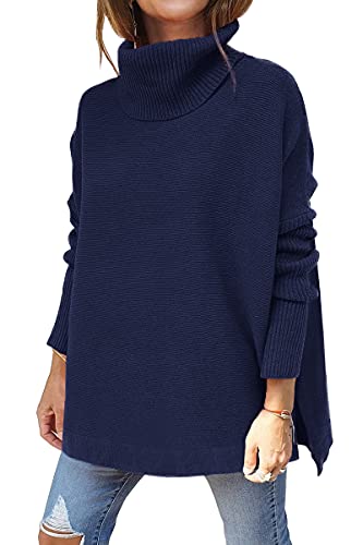 Minetom Pullover Damen Rollkragenpullover Feinstrick Elegant Gerippter Rollkragen Langarm Strickpulli Stretch Weich Casual Lose Warm Herbst WinterPulli Oberteile A Dunkelblau L von Minetom