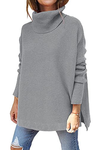 Minetom Pullover Damen Rollkragenpullover Feinstrick Elegant Gerippter Rollkragen Langarm Strickpulli Stretch Weich Casual Lose Warm Herbst WinterPulli Oberteile A Grau M von Minetom