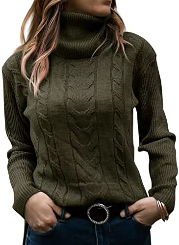 Minetom Pullover Damen Strickpullover Langarm Rollkragen Feinstrick Häkelpullover Elegante Lässige Lose Rollkragenpullover Einfarbig Casual Pulli Oberteile Stricktop Pullover Sweater A Armeegrün L von Minetom