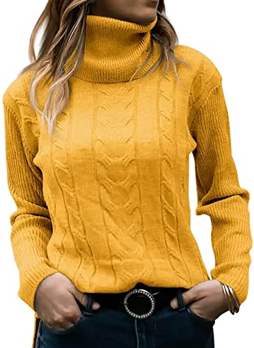 Minetom Pullover Damen Strickpullover Langarm Rollkragen Feinstrick Häkelpullover Elegante Lässige Lose Rollkragenpullover Einfarbig Casual Pulli Oberteile Stricktop Pullover Sweater A Gelb M von Minetom