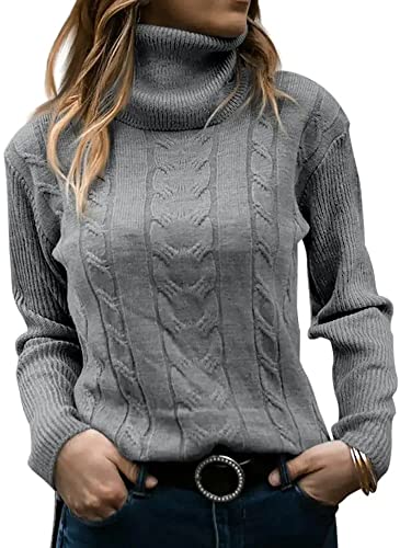 Minetom Pullover Damen Strickpullover Langarm Rollkragen Feinstrick Häkelpullover Elegante Lässige Lose Rollkragenpullover Einfarbig Casual Pulli Oberteile Stricktop Pullover Sweater A Grau L von Minetom