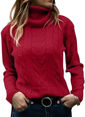 Minetom Pullover Damen Strickpullover Langarm Rollkragen Feinstrick Häkelpullover Elegante Lässige Lose Rollkragenpullover Einfarbig Casual Pulli Oberteile Stricktop Pullover Sweater A Rot S z von Minetom