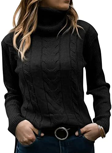 Minetom Pullover Damen Strickpullover Langarm Rollkragen Feinstrick Häkelpullover Elegante Lässige Lose Rollkragenpullover Einfarbig Casual Pulli Oberteile Stricktop Pullover Sweater A Schwarz M von Minetom