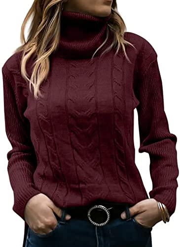 Minetom Pullover Damen Strickpullover Langarm Rollkragen Feinstrick Häkelpullover Elegante Lässige Lose Rollkragenpullover Einfarbig Casual Pulli Oberteile Stricktop Pullover Sweater A Weinrot L von Minetom