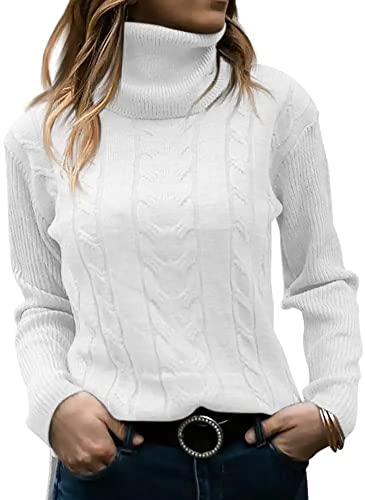 Minetom Pullover Damen Strickpullover Langarm Rollkragen Feinstrick Häkelpullover Elegante Lässige Lose Rollkragenpullover Einfarbig Casual Pulli Oberteile Stricktop Pullover Sweater A Weiß M von Minetom