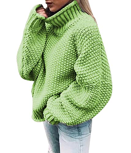 Minetom Pullover Damen Strickpullover Langarm Rollkragen Feinstrick Häkelpullover Elegante Lässige Lose Rollkragenpullover Einfarbig Vintage Grobstrickpullover Strickpulli Sweater A Hellgrün M von Minetom