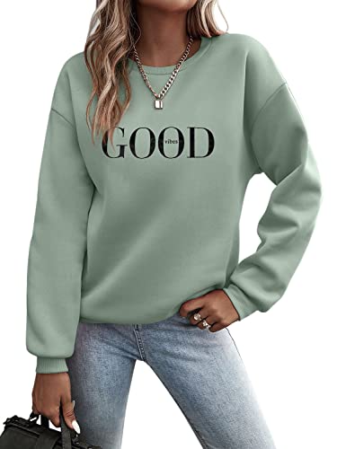 Minetom Pullover Damen Sweatshirt Briefe Drucken Langarm Rundhals Pulli Herbst Winter Frauen Buchstaben Druck Locker Casual Oberteil Sport Streetwear Sweatshirts ohne Kapuze Bluse Tops A Grün XS z von Minetom