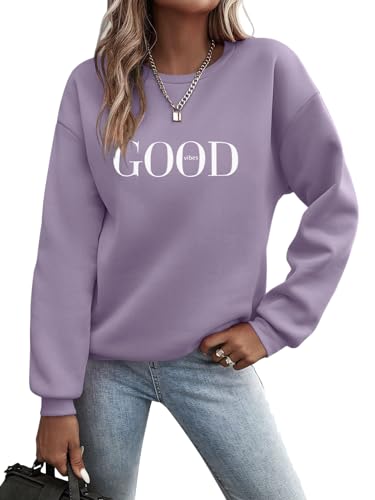 Minetom Pullover Damen Sweatshirt Briefe Drucken Langarm Rundhals Pulli Herbst Winter Frauen Buchstaben Druck Locker Casual Oberteil Sport Streetwear Sweatshirts ohne Kapuze Bluse Tops A Violett L z von Minetom