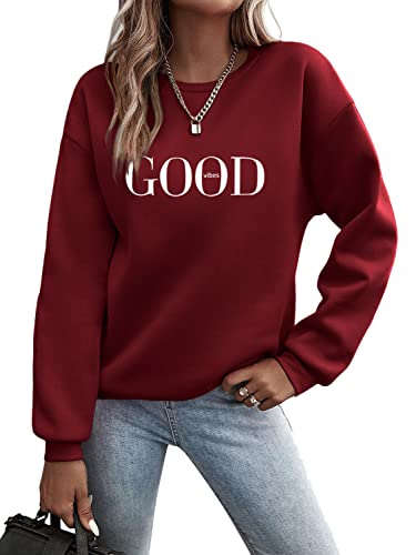 Minetom Pullover Damen Sweatshirt Briefe Drucken Langarm Rundhals Pulli Herbst Winter Frauen Buchstaben Druck Locker Casual Oberteil Sport Streetwear Sweatshirts ohne Kapuze Bluse Tops A Weinrot M von Minetom