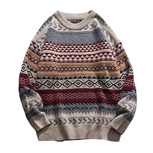 Minetom Pullover Herren Strickpullover Retro Muster Sweater Winterpullover Mit Rundhalsausschnitt Weihnachtspullover Grobstrickpullover Männer Pulli D Hellgrau M von Minetom