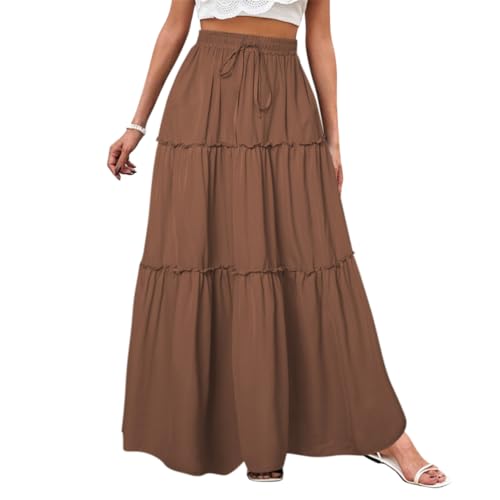 Minetom Röcke Damen Midi-Länge Strandrock Hohe Taille Maxirock Mit Kordelzug Einfarbig Casual Freizeitrock Hochzeit Cocktail Skirt A Braun S von Minetom