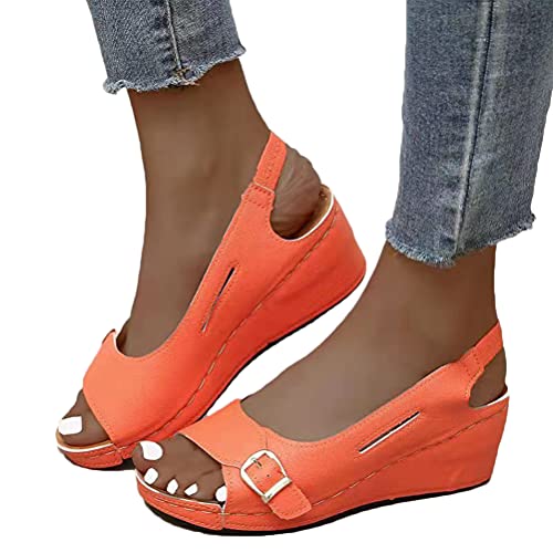 Minetom Sandalen Damen Keilabsatz Sandalen Frauen Sommer Offene Schuhe PU Plattform Freizeit Sommerschuhe Slingback Sandaletten Strandsandalen A Orange 37 EU von Minetom