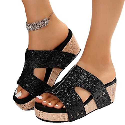 Minetom Sandalen Damen Keilabsatz Sandalen Hausschuhe Römische Plattform Schlappen Sommer Offene Schuhe Plateausohle Slippers Strandsandalen A2 Schwarz 35 EU von Minetom