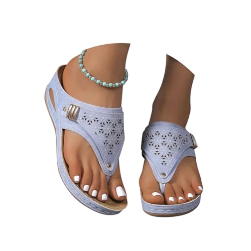 Minetom Sandalen Damen PU Zehentrenner Sommer Bequem Sandalen Strand Schuhe Freizeit Flach Sandalette Flip-Flops Plateau Slippers A Hellblau 40 EU von Minetom