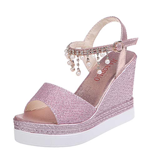 Minetom Sandalen Damen Plateau Keilsandalen Frauen Sandaletten Keilabsatz Sommerschuhe Platform Strassperle Knöchelriemen Sandalen A Pink 36 EU von Minetom