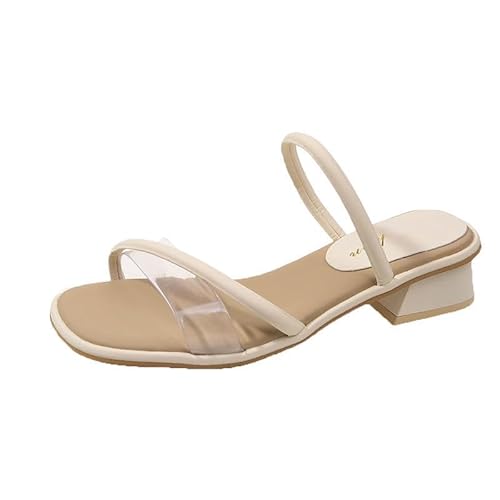 Minetom Sandalen Damen mit Absatz Bequem Offene Sandaletten Elegante Pantoletten Hausschuhe Peep Toe Strand Schuhe Sommersandalen mit Blockabsatz D Beige 37 EU von Minetom