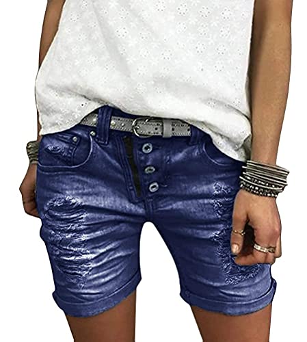 Minetom Shorts Damen Sommerhose Jeans Hose Kurze Denim Hosen Jeansshorts mit Knopfleiste B Blau M von Minetom