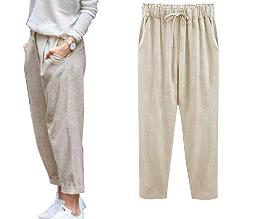 Minetom Sommerhosen Damen 7/8 Länge Leichte Mit Gummizug Kordelzug Leinenhose Freizeithose Beiläufig Weich Hosenrock Haremshose Yogahose Hose A Khaki EU X-Large von Minetom