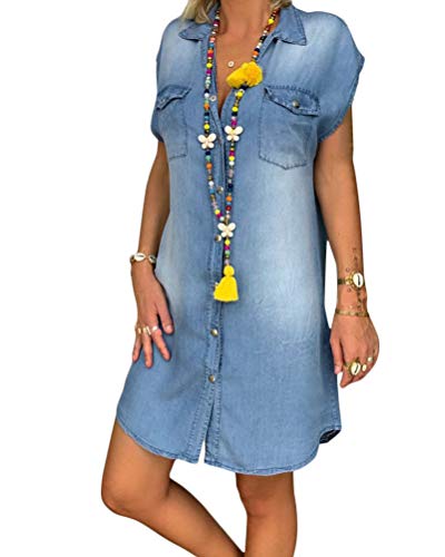 Minetom Sommerkleid Jeans Kleider Damen V-Ausschnitt Strandkleider Einfarbig A-Linie Kleid Boho Knielang Kleid Ohne Zubehör Denimkleid B Blau 46 Minetom Sommerkleid Jeans Kleider Damen V-Ausschnitt Strandkleider Einfarbig A-Linie Kleid Boho Knielang Kleid Ohne Zubehör Denimkleid B Blau 46 von Minetom