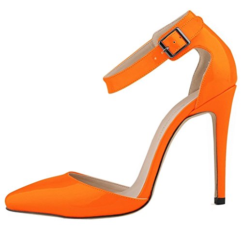 Minetom Spitze Damen Pumps Stiletto High Heels Lack Leder-Optik Schuhe Metallic Party Abendschuhe Hochzeit Abiball Jennika Orange EU 41 von Minetom