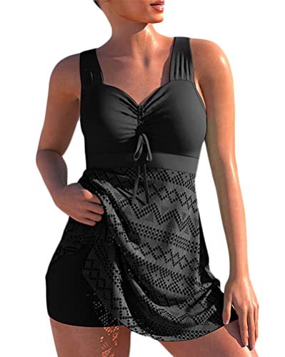 Minetom Spitze Tankini Damen Bauchweg Bademode Set Zweiteilig Push up mit Einstellbarer Badeanzug Oberteil Bikini Set Große Größen Strand Schwimmanzug A Schwarz S von Minetom