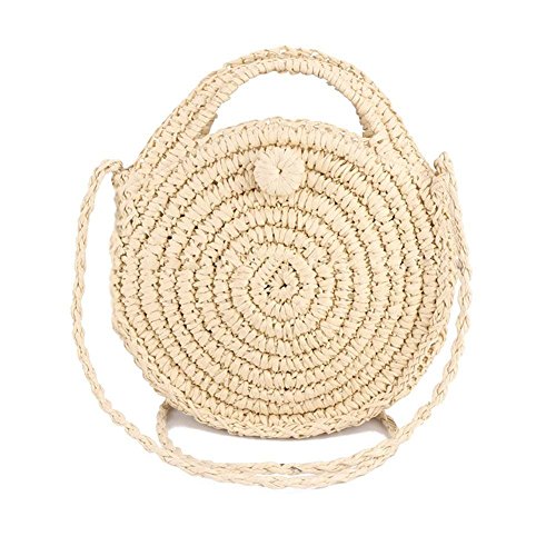 Minetom Stroh Crossbody Tasche Frauen Weben Umhängetasche Runde Sommer Strand Geldbörse und Handtaschen A Beige 23x23x7 cm von Minetom