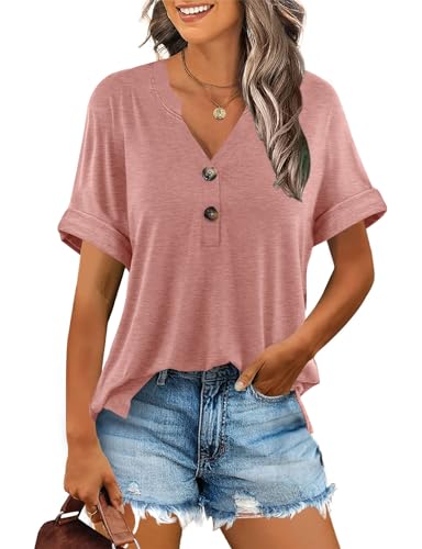 Minetom T-Shirt Damen V Ausschnitt Kurzarm T Shirt Basic Sommer Oberteile Knopfleiste Shirts Frauen Lockere Loose fit A Rose XL von Minetom