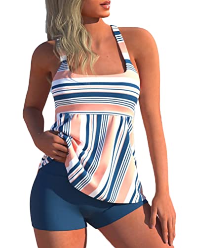 Minetom Tankini Damen Bauchweg Bademode Set Zweiteilig Badeanzug Strand Schwimmanzug Swimsuits Bikini Tank Top Shorts Oberteile und Badeshorts D Blau XL von Minetom