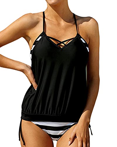 Minetom Tankini Damen Bauchweg Bademode Set Zweiteilig Push up mit Einstellbarer Badeanzug Bikini Set Strand Schwimmanzug Schwarz L von Minetom