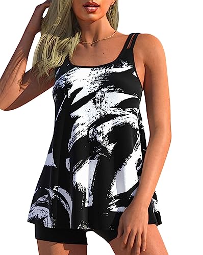 Minetom Tankini Set Damen Bauchweg Bademode Set Zweiteilig Badeanzug Druck Strand Schwimmanzug Swimsuits Bikini Tank Top Shorts Oberteile und Badeshorts A3 Schwarz L von Minetom