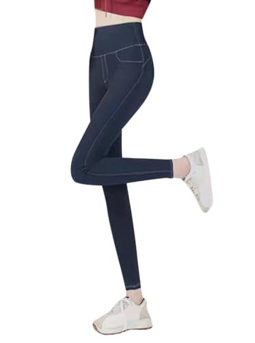 Minetom Thermo Leggings Damen Jeansoptik Hose mit Innenfutter Warm Fleece High Waist Jeggings Slim Fit Gefüttert Winterhose D Blau M von Minetom